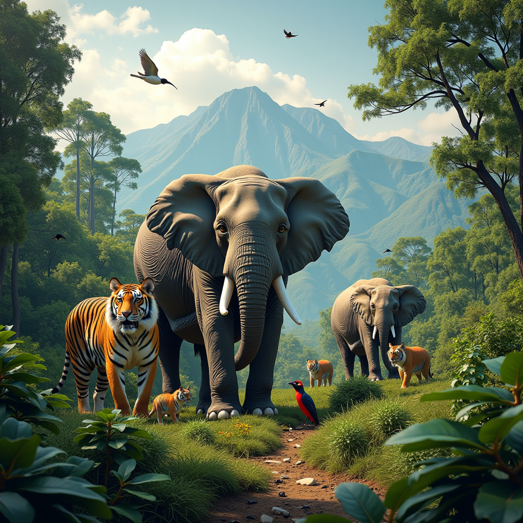 Majestic wildlife scene showing endangered species in their natural habitat, including elephants, tigers, and birds in a lush forest environment with mountains in the background, representing conservation efforts and biodiversity protection