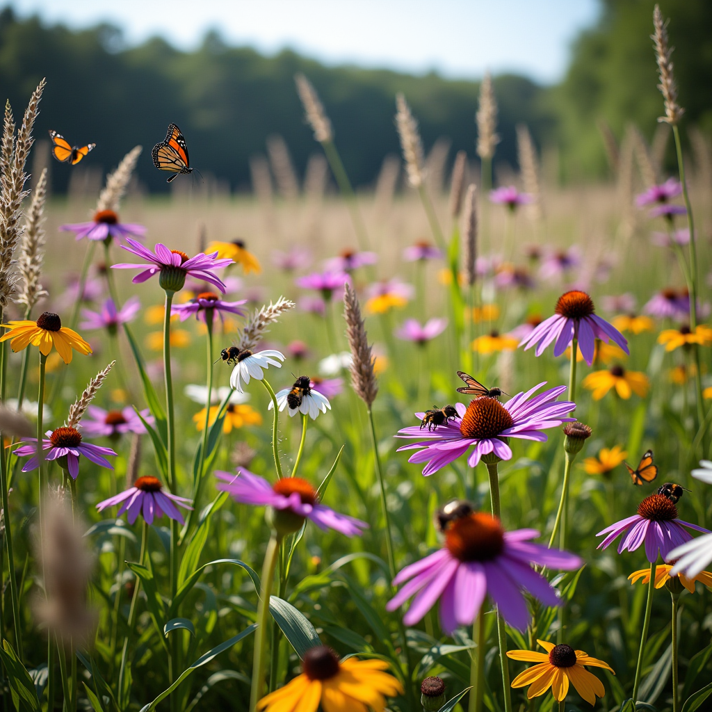 A vibrant restored meadow filled with native wildflowers in full bloom, including purple coneflowers, black-eyed susans, and native grasses swaying in the breeze. Butterflies and bees actively pollinate the flowers under bright sunlight. The meadow shows clear signs of successful restoration with diverse plant species creating a tapestry of colors - purples, yellows, whites, and greens. In the background, the edge of a forest is visible, demonstrating the transition between restored meadow and woodland habitat. The scene captures the vitality and biodiversity of a thriving native plant community.