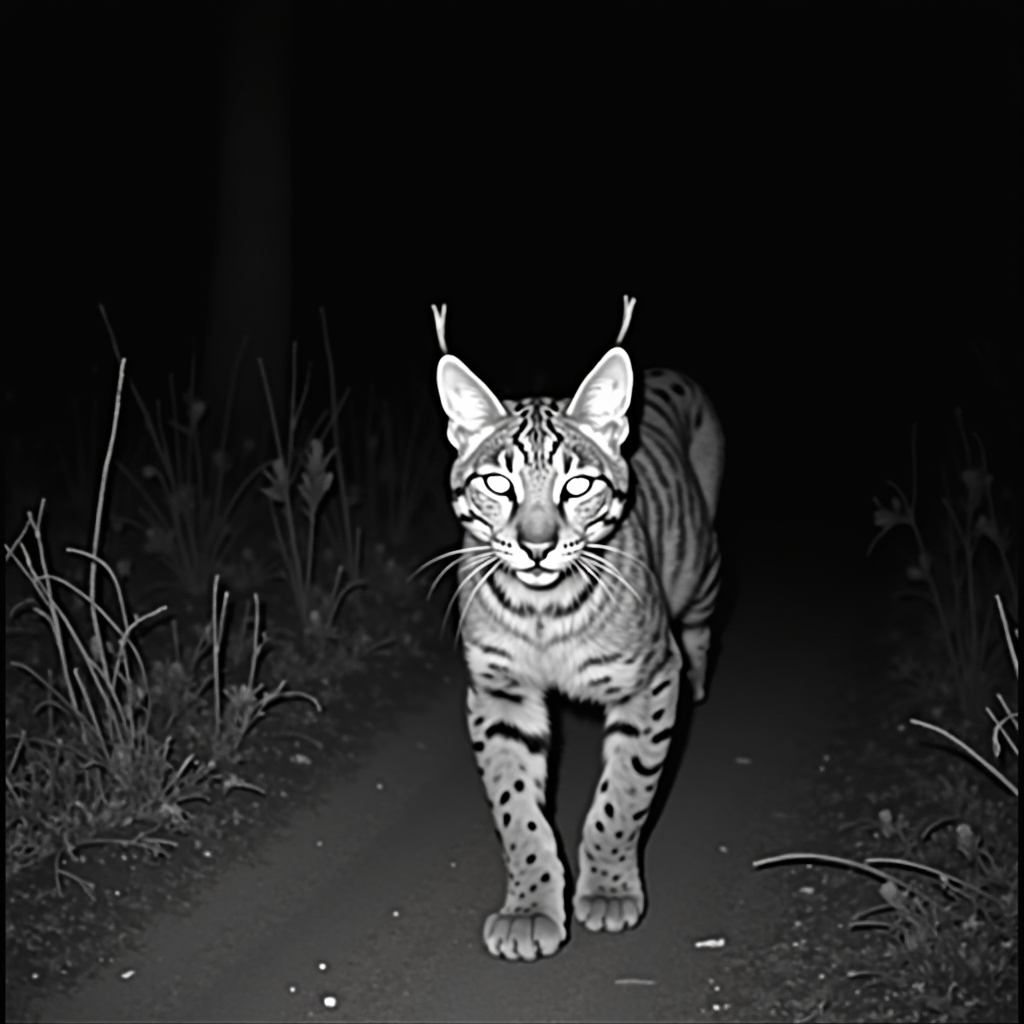 Dramatic night-vision camera trap image showing a bobcat with distinctive spotted coat and tufted ears, captured mid-stride on a forest trail at Rancho SMC. The infrared illumination reveals the cat's alert posture and piercing eyes reflecting the camera flash, with native vegetation visible in the background. The timestamp shows 2:47 AM, demonstrating the bobcat's nocturnal hunting behavior.
