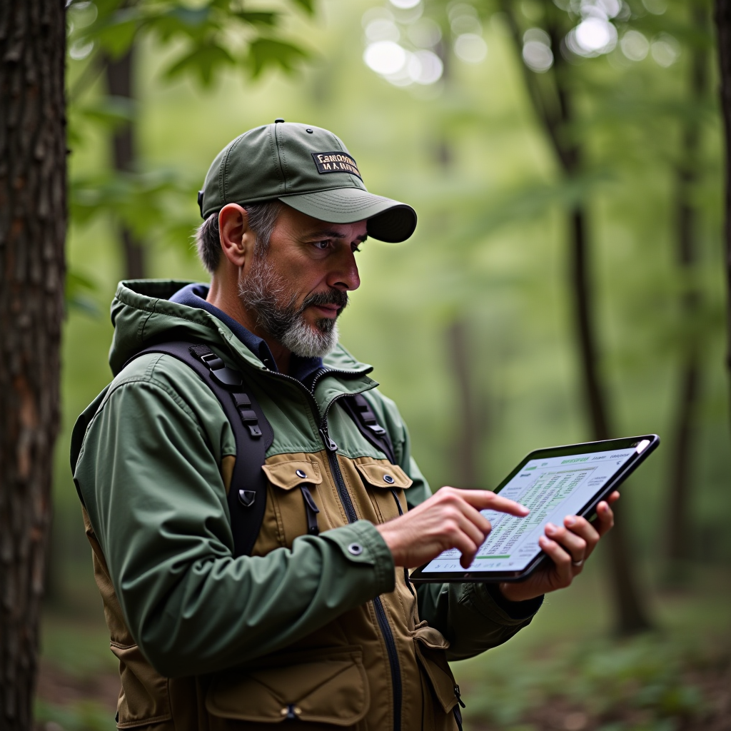 Portrait of Dr. Robert Martinez, Chief Conservation Officer, examining wildlife tracking data on a tablet in a forest setting, wearing outdoor research clothing