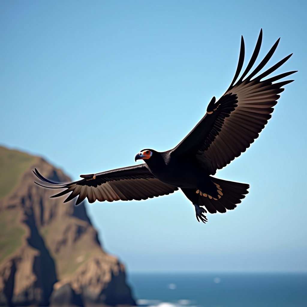 Majestic California condor soaring over dramatic coastal cliffs with wings fully extended against a blue sky, showcasing the impressive wingspan and distinctive white wing patches of this endangered species