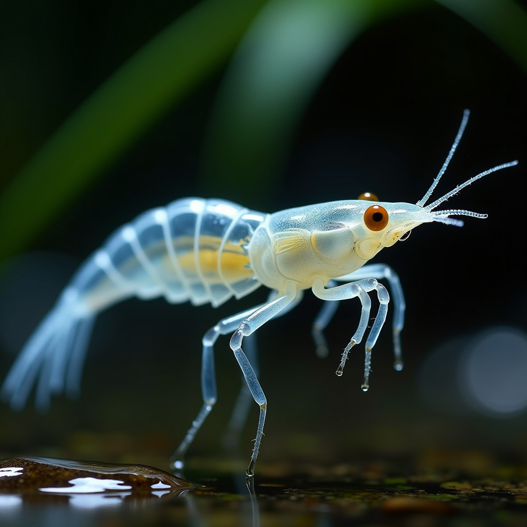 Macro close-up photograph of translucent fairy shrimp swimming in clear vernal pool water, showing detailed view of their delicate segmented bodies, feathery gill-like appendages, and distinctive upside-down swimming posture, with soft natural lighting highlighting their ethereal appearance against dark pool bottom