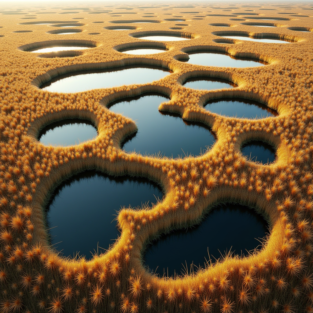 Aerial photograph of seasonal vernal pools scattered across grassland landscape, showing the distinctive circular and irregular shapes of these temporary wetlands filled with water, surrounded by golden dried grass