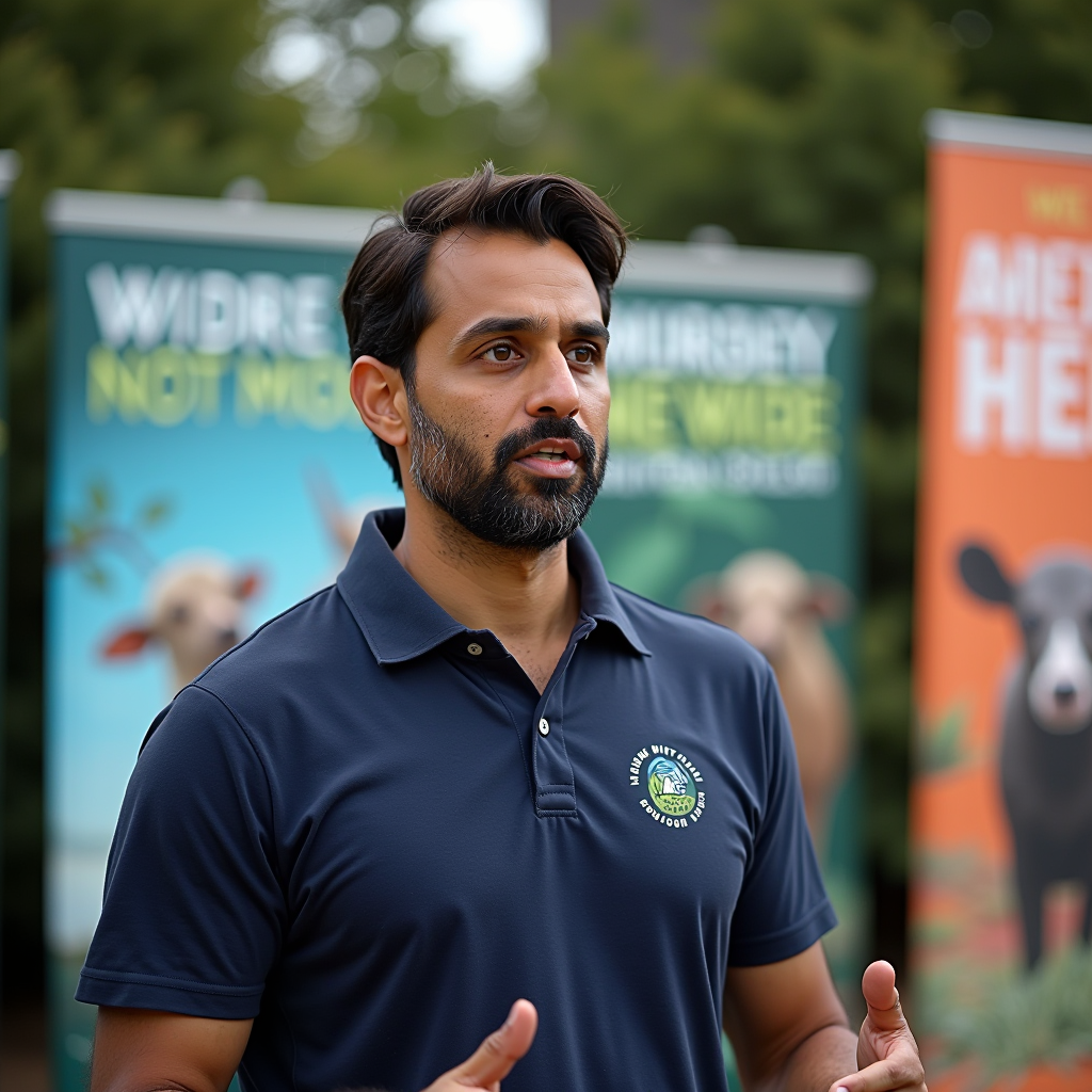 Portrait of Michael Patel, Community Outreach Coordinator, speaking at a community event about wildlife protection, with conservation awareness banners visible behind him