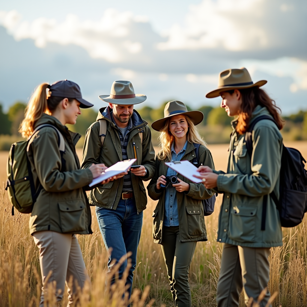 Group of diverse citizen science volunteers in outdoor field gear conducting wildlife survey with clipboards and binoculars in natural grassland habitat, working together to collect conservation data