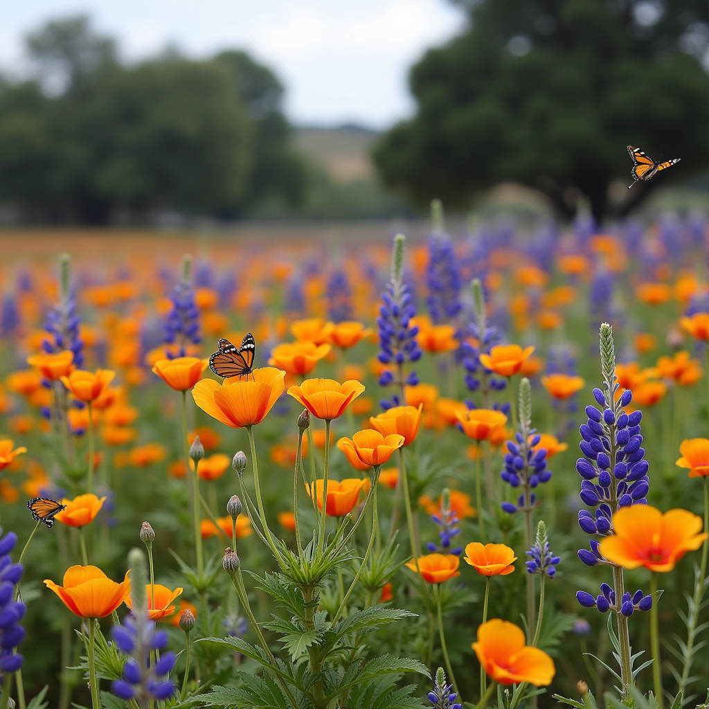 Beautiful restored meadow filled with colorful native California wildflowers including poppies, lupines, and goldfields, with butterflies and bees pollinating, oak trees in background, vibrant spring scene showing successful habitat restoration