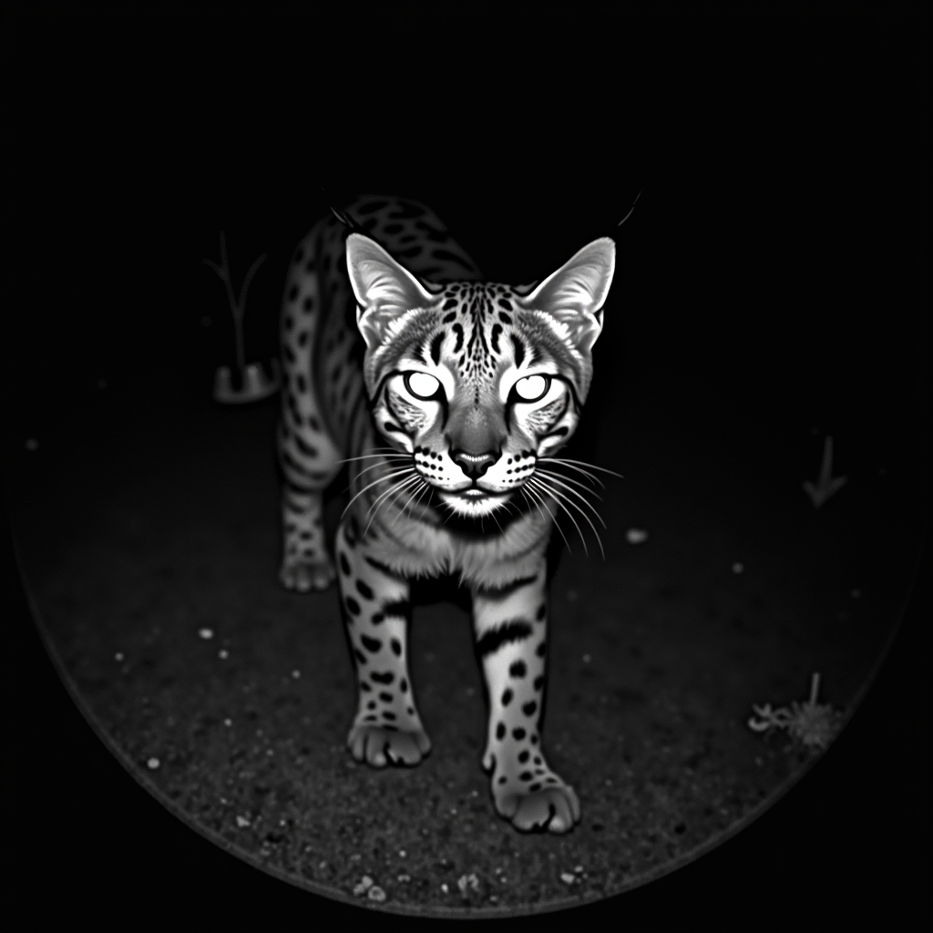 Dramatic night-vision camera trap photograph of a bobcat with glowing eyes staring directly at camera, showing spotted fur pattern and alert posture, captured in natural habitat with vegetation visible in infrared lighting